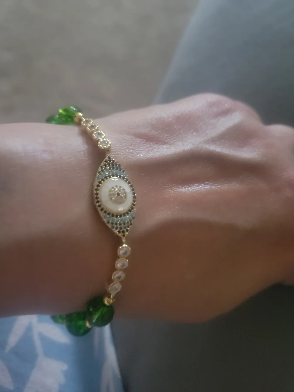 Natural Peridot Green Beaded Evil Eye Stretch Bracelet - Gold Accent